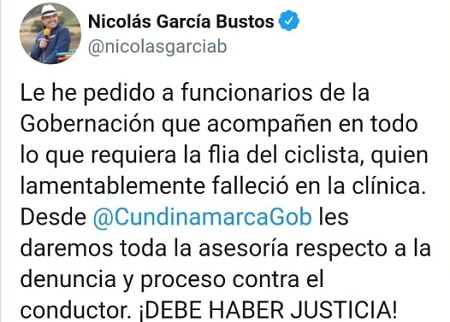 Gobernador de Cundinamarca, Nicolás Garcíam suministrará apoyo para que se haga justicia frente a muerte de ciclista en Chía, Cundinamarca