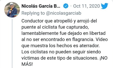 Mensaje gobernador Nicolás García, muerte ciclista, Chía, Cundinamarca