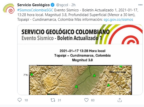 Reporte temblor en Topaipí, Cundinamarca