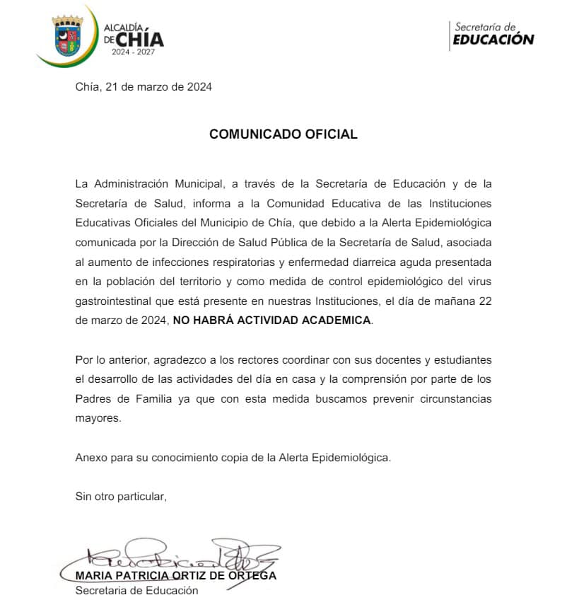 No habrá actividad académica en colegios de Chía