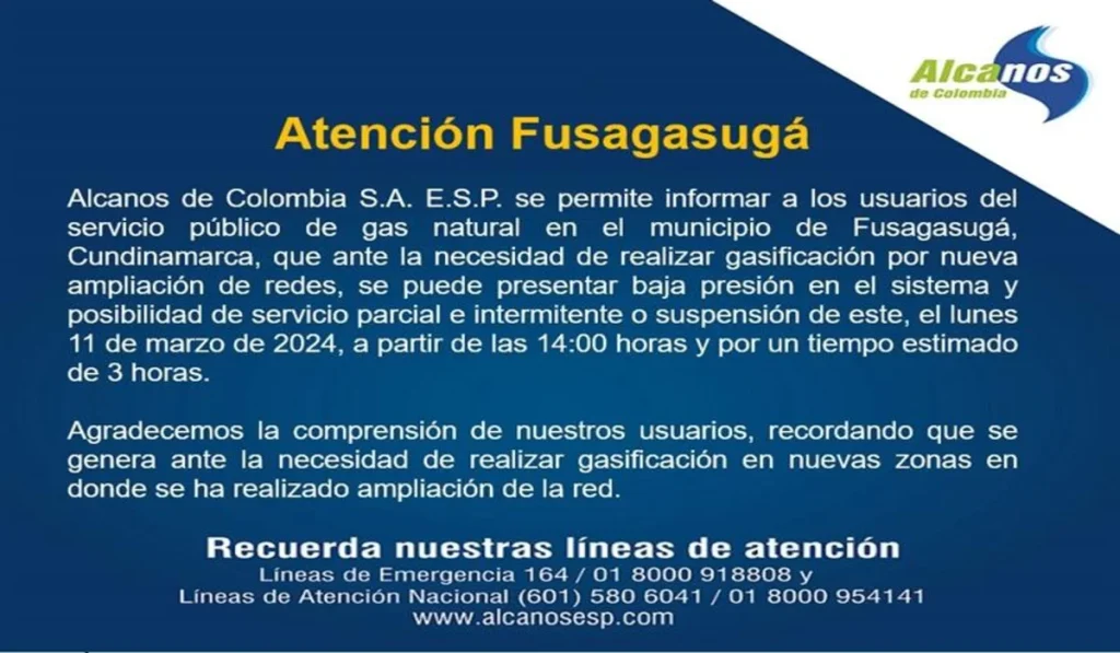 Suspensión del servicio de gas en Fusagasugá
